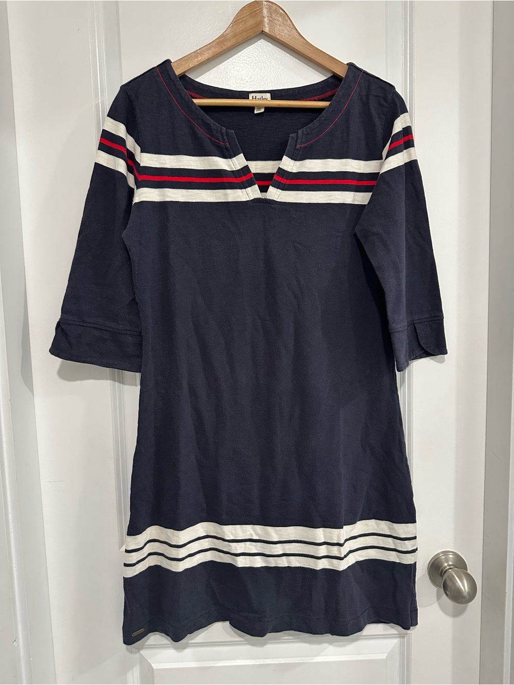 Hatley Navy Midi Dress  with White and Red Stripes 100% Cotton 3/4 Length Sleeve